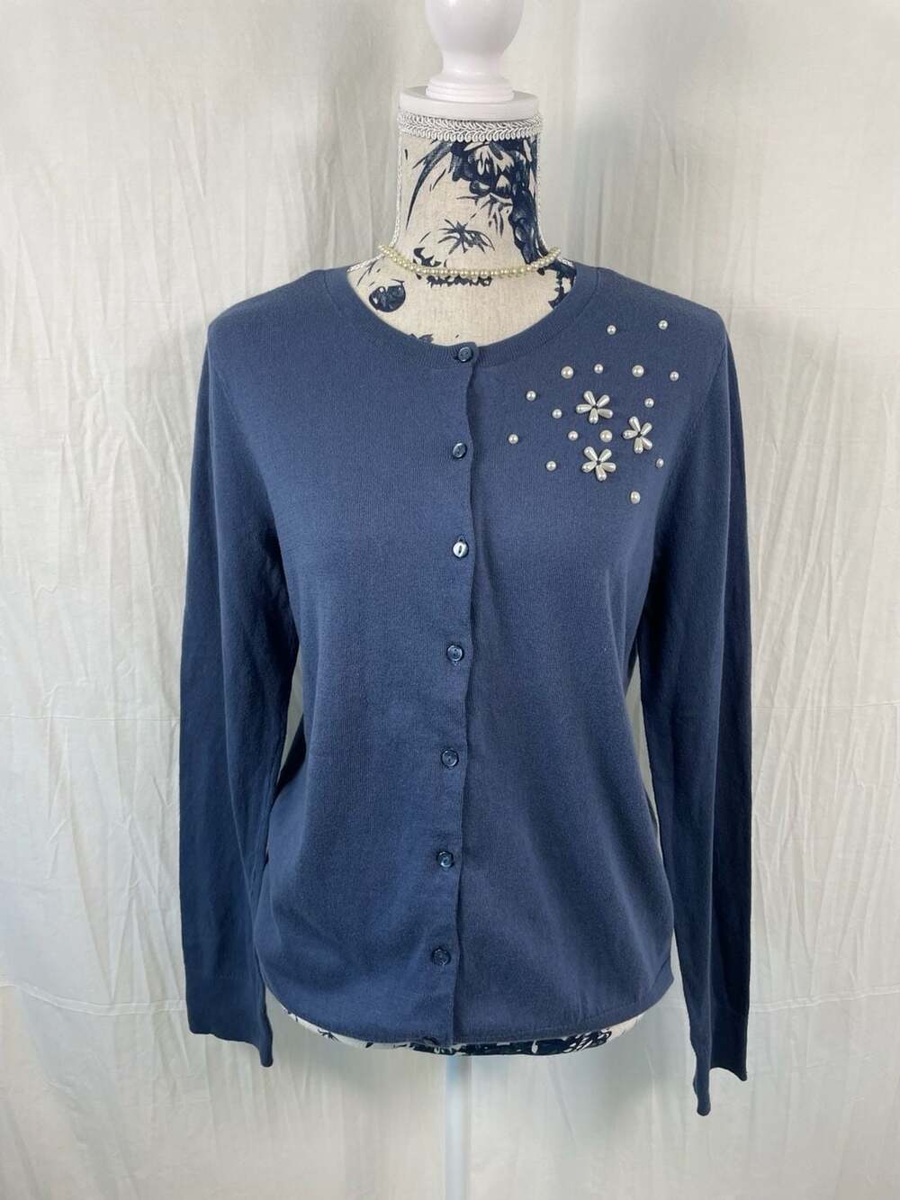 Loft 100% Cotton Navy Blue Pearl Floral Embellished Cardigan Sz M